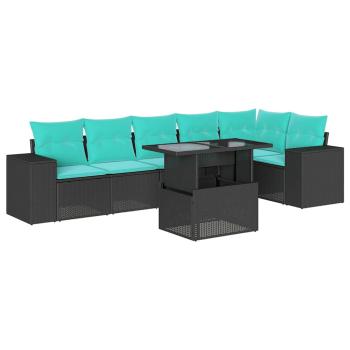 7-teiliges Gartensofa-Set mit Kissen, schwarzes Polyrattan