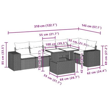 7-teiliges Gartensofa-Set mit Kissen, braun, Polyrattan
