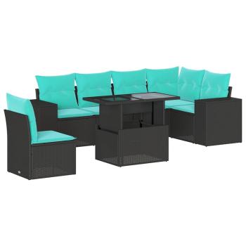 7-teiliges Gartensofa-Set mit Kissen, schwarzes Polyrattan