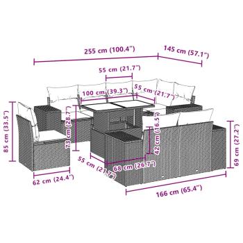 9-teiliges Gartensofa-Set mit Kissen, grau, Polyrattan