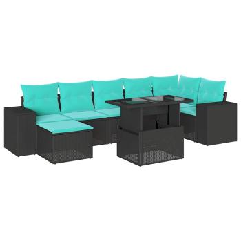 8-teiliges Gartensofa-Set mit Kissen, schwarzes Polyrattan