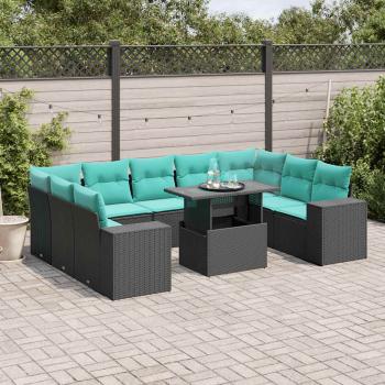 ARDEBO.de - 10-teiliges Gartensofa-Set mit Kissen, schwarzes Polyrattan
