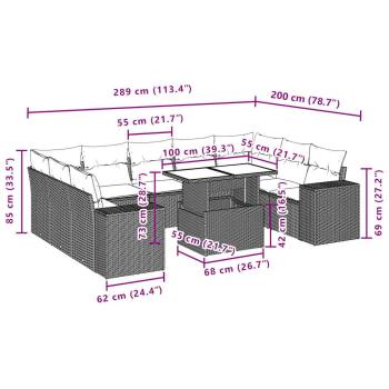 10-teiliges Gartensofa-Set mit Kissen, schwarzes Polyrattan