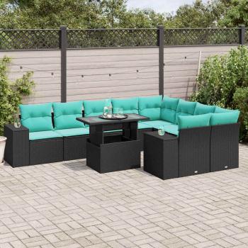 ARDEBO.de - 10-teiliges Gartensofa-Set mit Kissen, schwarzes Polyrattan