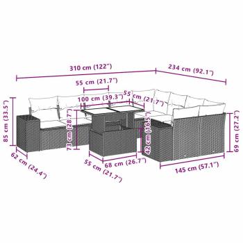 10-teiliges Gartensofa-Set mit Kissen, braun, Polyrattan