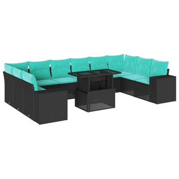 11-teiliges Gartensofa-Set mit Kissen, schwarzes Polyrattan