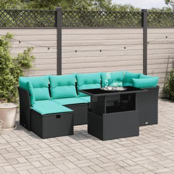 ARDEBO.de - 7-teiliges Gartensofa-Set mit Kissen, schwarzes Polyrattan