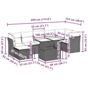 8-teiliges Gartensofa-Set mit Kissen, schwarzes Polyrattan