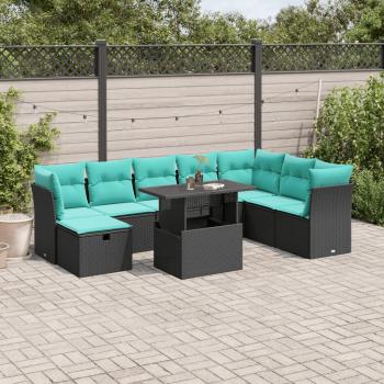 ARDEBO.de - 9-teiliges Gartensofa-Set mit Kissen, schwarzes Polyrattan