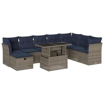 9-teiliges Gartensofa-Set mit Kissen, grau, Polyrattan