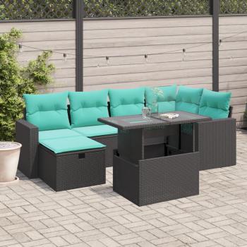 ARDEBO.de - 7-teiliges Gartensofa-Set mit Kissen, schwarzes Polyrattan
