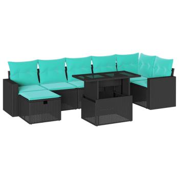 8-teiliges Gartensofa-Set mit Kissen, schwarzes Polyrattan