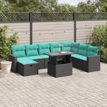 ARDEBO.de - 9-teiliges Gartensofa-Set mit Kissen, schwarzes Polyrattan