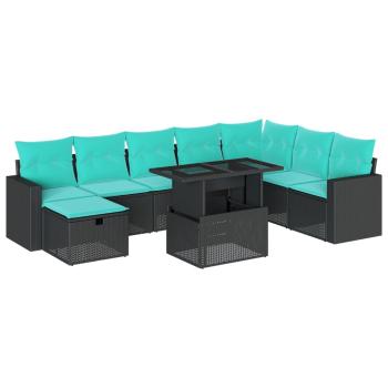 9-teiliges Gartensofa-Set mit Kissen, schwarzes Polyrattan