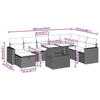 9-teiliges Gartensofa-Set mit Kissen, grau, Polyrattan