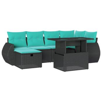 7-teiliges Gartensofa-Set mit Kissen, schwarzes Polyrattan