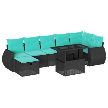 8-teiliges Gartensofa-Set mit Kissen, schwarzes Polyrattan