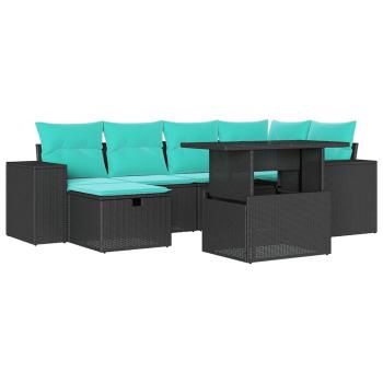 7-teiliges Gartensofa-Set mit Kissen, schwarzes Polyrattan