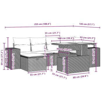7-teiliges Gartensofa-Set mit Kissen, schwarzes Polyrattan