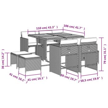 9-teiliges Garten-Ess-Set mit Kissen, grau, Polyrattan