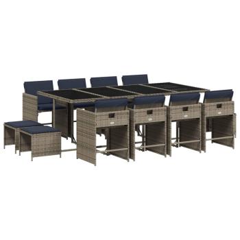 13-teiliges Garten-Ess-Set mit Kissen, grau, Polyrattan
