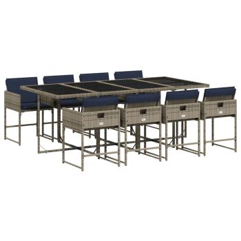 9-teiliges Garten-Ess-Set mit Kissen, grau, Polyrattan