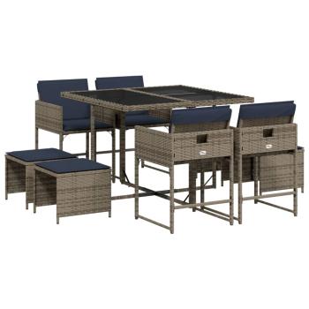 9-teiliges Garten-Ess-Set mit Kissen, grau, Polyrattan