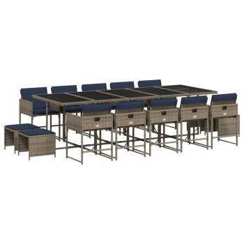 15-teiliges Garten-Ess-Set mit Kissen, grau, Polyrattan