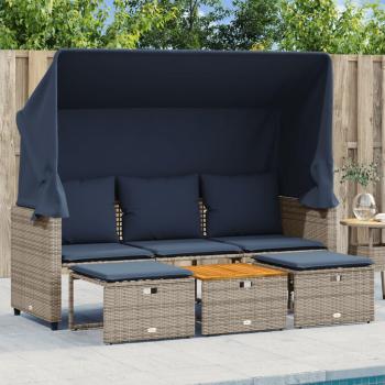 ARDEBO.de - Gartensofa 3-Sitzer mit Baldachin und Hockern Grau Poly Rattan