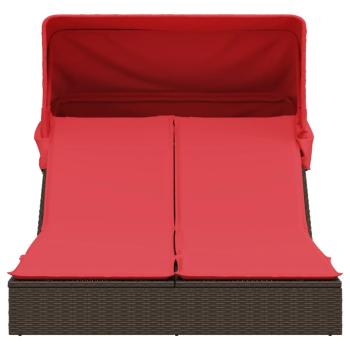 Doppelte Sonnenliege mit Baldachin und Kissen, braun, Polyrattan