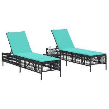 Sonnenliegen 2 Stk. mit Tisch Schwarz Poly Rattan