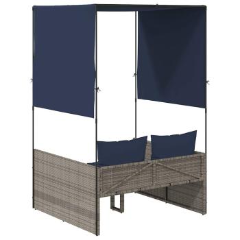 Doppelte Sonnenliege mit Dach und Vorhängen, grau, Polyrattan