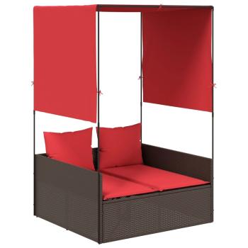 Doppelte Sonnenliege mit Dach und Vorhängen Braun Poly Rattan