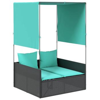 Doppelte Sonnenliege mit Dach und Vorhängen, schwarzes Polyrattan