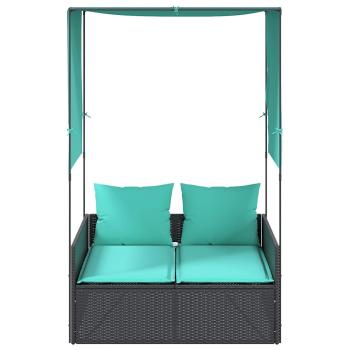 Doppelte Sonnenliege mit Dach und Vorhängen, schwarzes Polyrattan