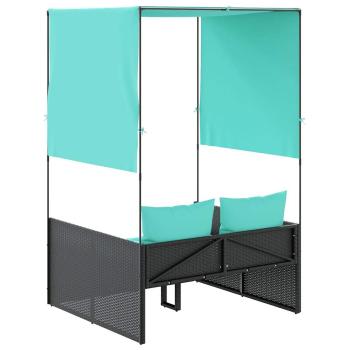 Doppelte Sonnenliege mit Dach und Vorhängen, schwarzes Polyrattan