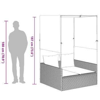 Doppelte Sonnenliege mit Dach und Vorhängen, schwarzes Polyrattan