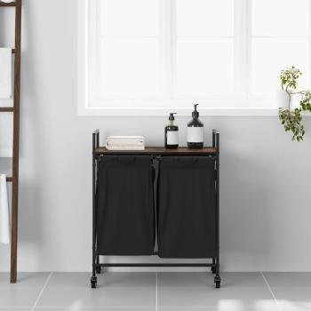 Wäschekorb 2 Fächer mit Rädern Braune Eiche