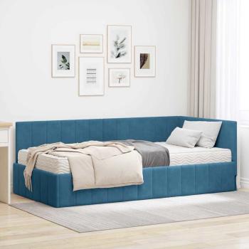 ARDEBO.de - Eckbettgestell mit Matratze mit Kopfteil Blau 90 x 190 cm Samt