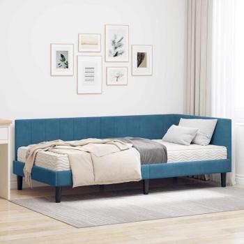 ARDEBO.de - Eckbettgestell mit Matratze mit Kopfteil Blau 90 x 190 cm Samt