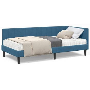 Eckbettgestell mit Matratze mit Kopfteil Blau 90 x 200 cm Samt