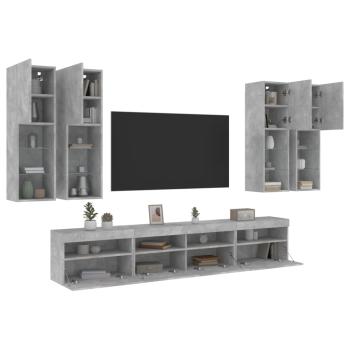 ARDEBO.de - 7-tlg. TV-Wohnwand mit LED-Leuchten Betongrau