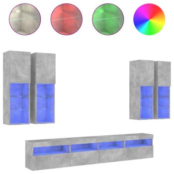 7-tlg. TV-Wohnwand mit LED-Leuchten Betongrau