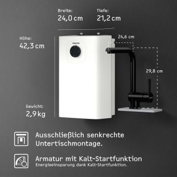 STIEBEL ELTRON Boiler SNU 5 Plus mit Wasserhahn matt-schwarz MAE-B, antitropf-, thermostop-Funktion, sehr kompakt, Untertischboiler 5 Liter Niederdruck, mit Stecker 230V, 2 kW, Made in Germany (208119)