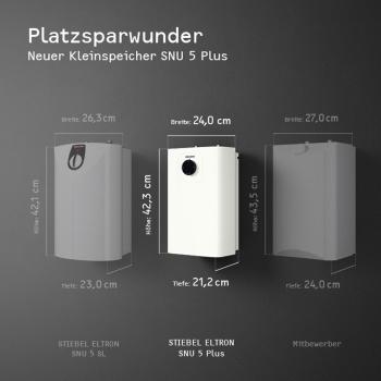 STIEBEL ELTRON Boiler SNU 5 Plus mit Wasserhahn matt-schwarz MAE-B, antitropf-, thermostop-Funktion, sehr kompakt, Untertischboiler 5 Liter Niederdruck, mit Stecker 230V, 2 kW, Made in Germany (208119)
