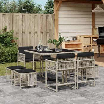 ARDEBO.de - 9-tlg. Garten-Essgruppe mit Kissen Hellgrau Poly Rattan