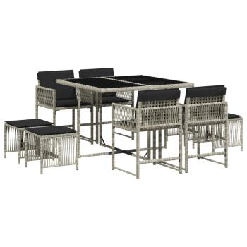 9-tlg. Garten-Essgruppe mit Kissen Hellgrau Poly Rattan