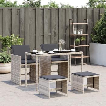 ARDEBO.de - 5-tlg. Garten-Essgruppe mit Kissen Hellgrau Poly Rattan