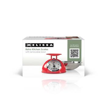 Retro-Küchenwaage | Analog | Metallgehäuse | Abnehmbare Schale | Max. 5kg | 25-Gramm-Schritte | Rot