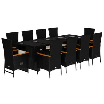 11-tlg. Garten-Essgruppe mit Kissen Schwarz Poly Rattan